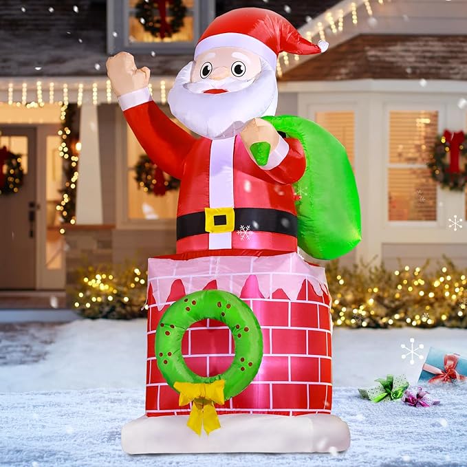 DomKom Christmas Inflatables Outdoor Decoration, 6 FT Chimney Santa Claus with Gift Bag Blow up Build-in Led Light Party Lawn Holiday Winter Outside Decor