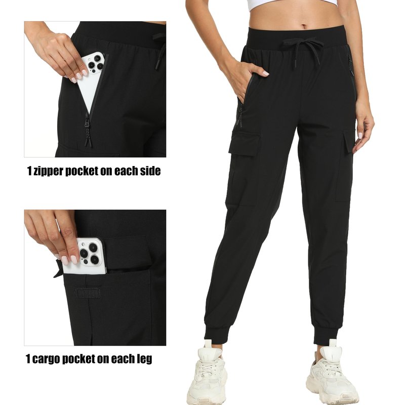 Women's Joggers with Pockets Lightweight - Water Resistant Quick Dry Cargo Athletic Pants for Hiking Running Camping Travel (Black, Medium)
