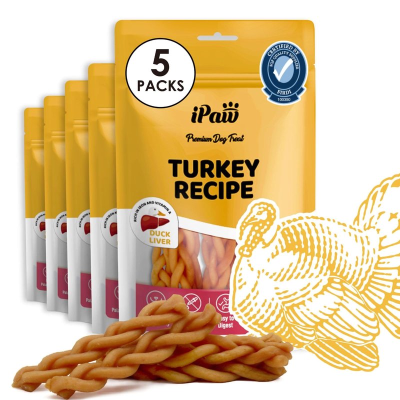 iPaw 5 Stock-Up Combo Turkey Dog Treats, SQF Certified Human Grade Dog Treat, Suitable for Training Chew, Hypoallergenic, Rawhide Alternative, Braided Stick (Duck Liver), 5 Packs