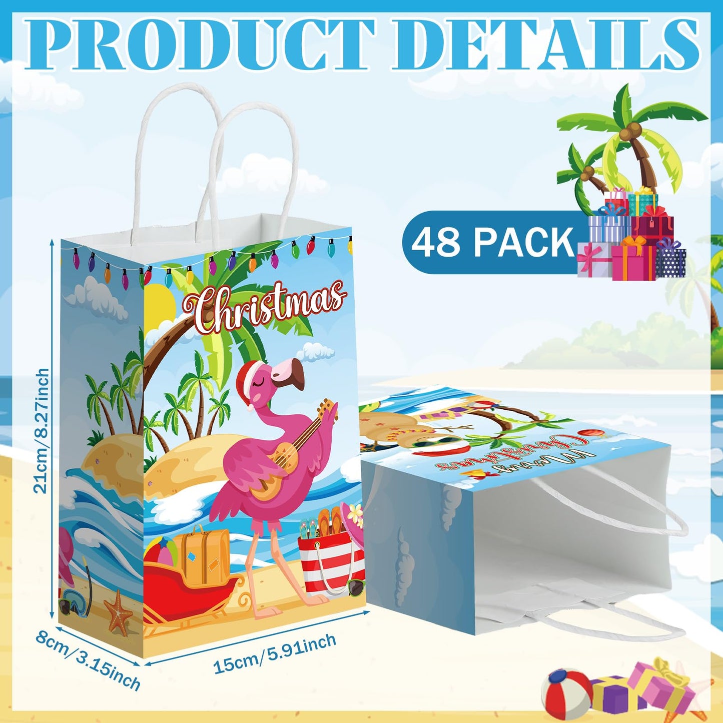 Kolldenn 48 Pcs Hawaiian Christmas Goodie Bags Summer Christmas Party Favor Bag Xmas Gift Paper Bags with Handle Tropical Beach Santa Flamingo Candy Treat Pouch for Xmas Pool Birthday Party