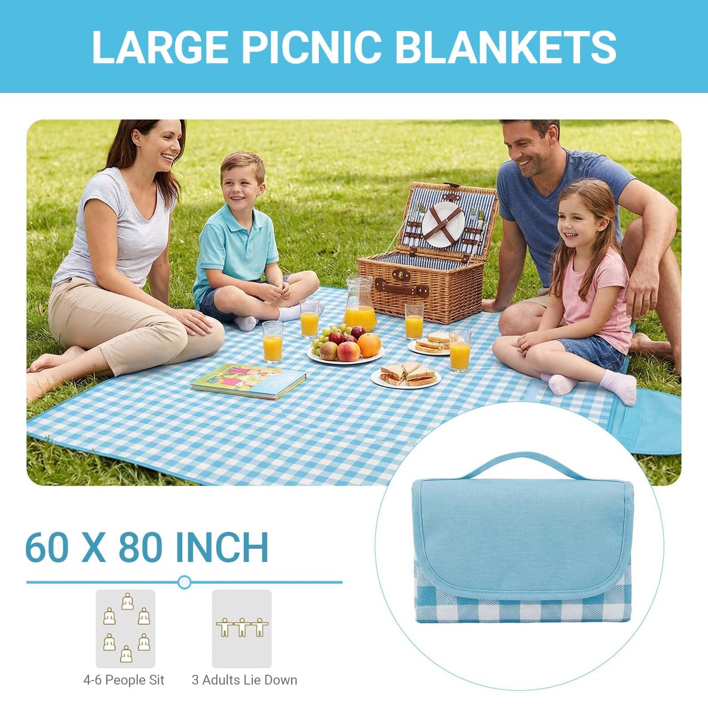 FMLIUY Waterproof Foldable Picnic Blanket Outdoor with Carry Strap,80"X60" Extra Large Beach Blanket Sandproof,Portable Soft Gingham Picnic Mat for Camping Travel Hiking Family Concerts Park(Blue)
