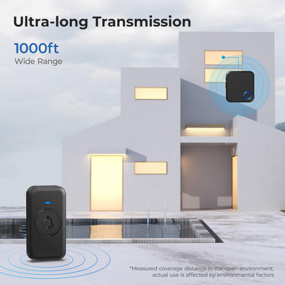 Wireless Doorbell, Waterproof Door Bell with 60 Chimes, 5 Levels Volume and LED Flash, 1000ft Long Range Classroom Doorbell for Home Office Hospital (2 Receiver & 1 Button, Black)