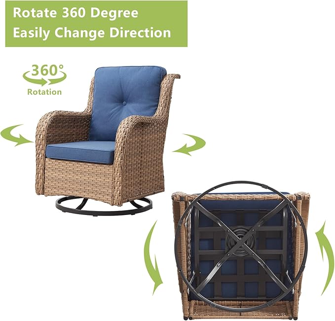 Patio Furniture Swivel Chairs Set - 8 Piece Wicker Rattan Outdoor Sectional Conversation Sets with 4 Swivel Rocking Chairs,2 Ottomans,1 Sofa and 1 Coffee Table for Porch Deck Garden(Yellow/Blue)