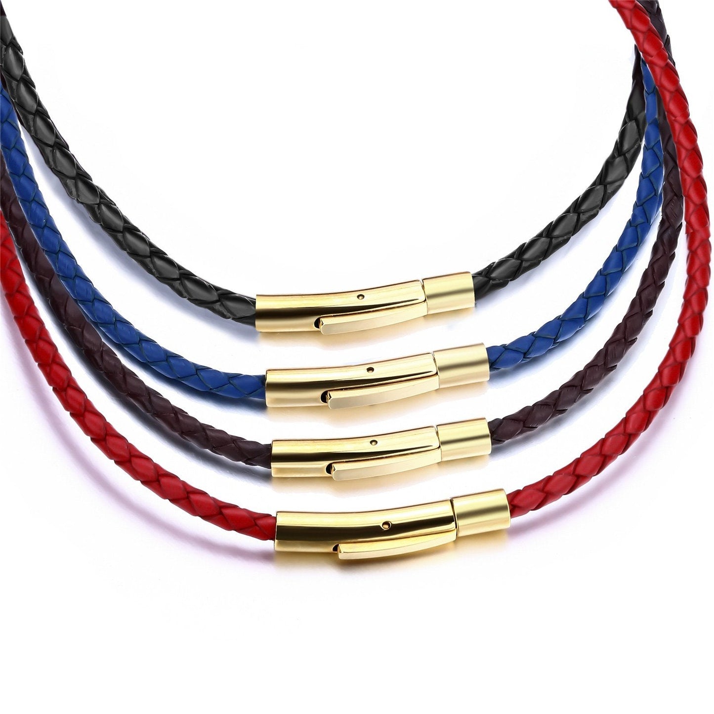 ELFASIO 3mm Mens Womens Red Braided Leather Cord Gold Stainless Steel Secure Clasp Necklace Chain 18 inch