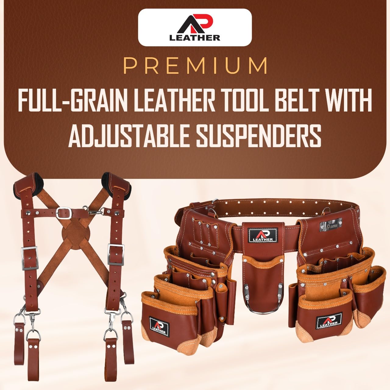 AP-LEATHER PRO-19 4MM Genuine Full Grain Leather Tool Belt for Men, tool belt with suspenders, Comfort Back Padded Support with Brass Hardware Tool Pouches With Suspenders (28 Pocket Tool Belt)