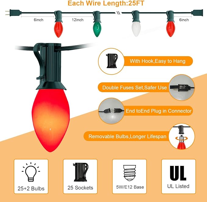 25Ft C7 LED Christmas Multicolor String Lights with 27 Red Green White LED Bulbs, Outdoor Hanging Vintage Christmas Lights Waterproof for Xmas Tree Roofline Wedding Party Holiday Decor-Red/Green/White