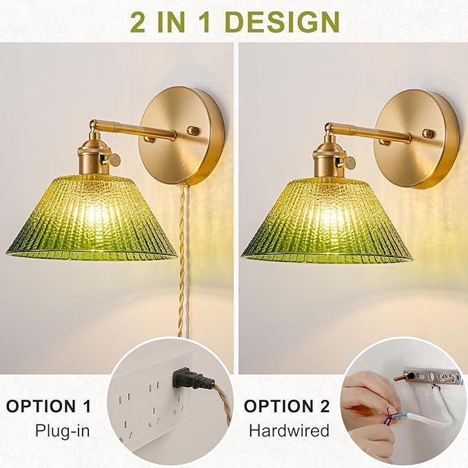 Plug in Wall Sconce, Vintage Sconce Light with Gradient Green Glass Lampshade, 180° Adjustable Wall Sconce with Switch and Plug in Wall Lamp Cord, Gold Wall Light for Bedroom Bedside