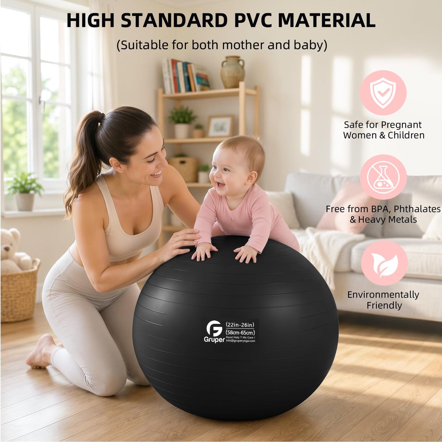 Gruper Exercise Ball, Extra Thick Yoga Ball for Working Out, Yoga & Pregnancy, 4 Sizes Anti-Burst Balance Ball with Foot Pump for Pilates, Physical Therapy & Fitness