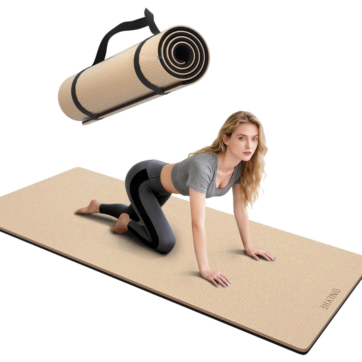 ONLYHE Yoga Mat Thick (8mm) Exercise Mat Non-Slip Ripstop Pilates Mat for Women and Men for Home, Barefoot Workout and Floor Workout with Strap (71 x 24 inch) (Milk Coffee + Black)