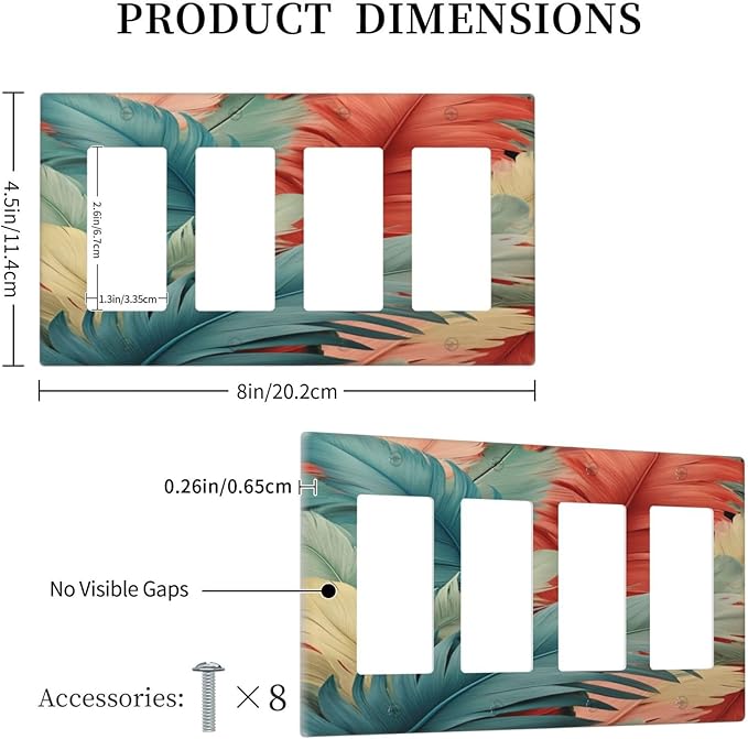 Colorful Feathers Blue Red Light Switch Cover 4 Gang Rocker Decora Outlet Covers Wall Plate Decorative Switchplate Electrical Faceplate GFCI for Farmhouse Living Bedroom Decor