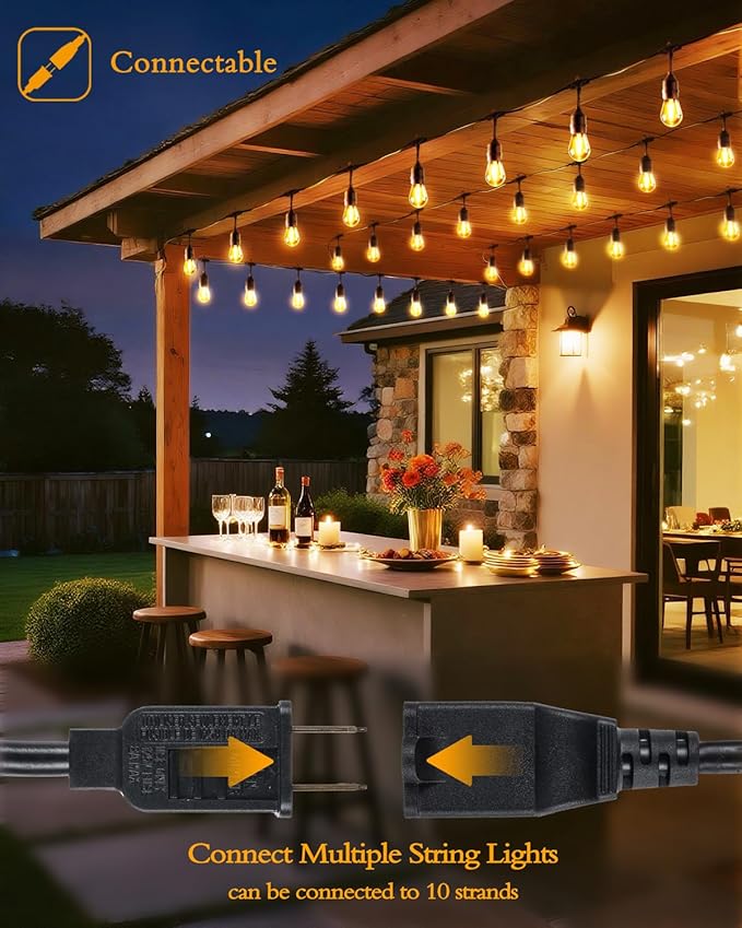 Outdoor String Lights, Super Bright LED - 48FT 15 S14 Bulbs (1 Spare), IP65 Waterproof, Commercial Grade & Shatterproof, Dimmable, UL Listed for Patio, Porch, Backyard, Gazebo