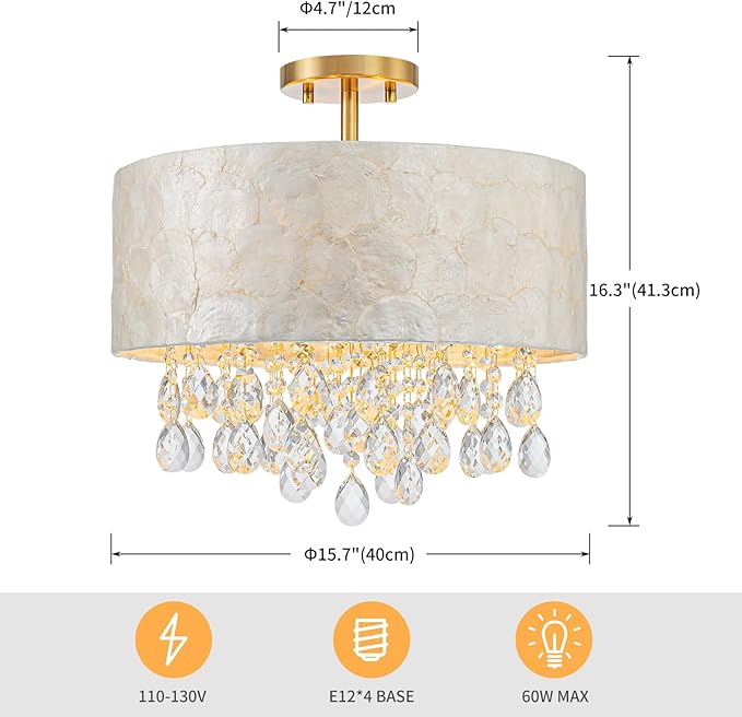 4-Lights Drum Capiz Shell Crystal Chandeliers, Coastal Design Semi-Flushmount Ceiling Light Fixture for Dining Room, Bedroom, D16xH16 inch, Shell Lampshade & Gold Finish