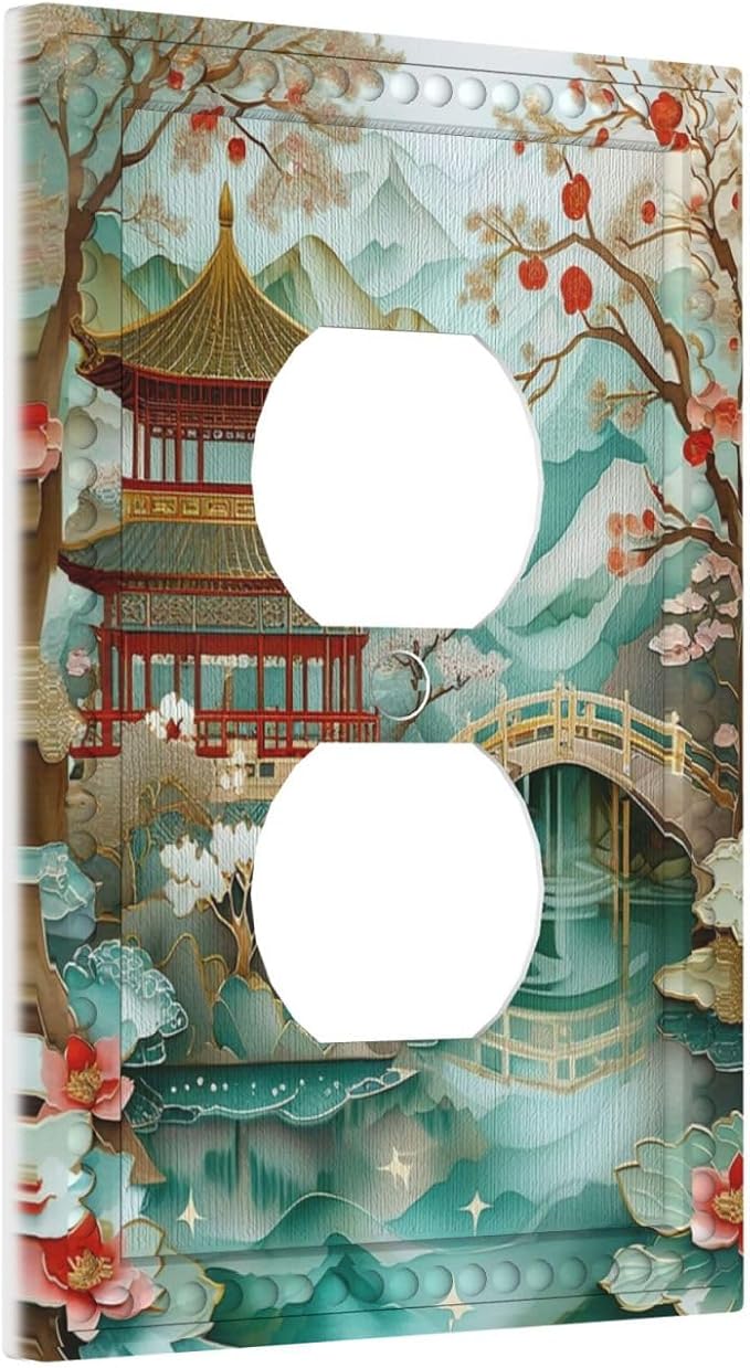 Asian Palace Traditional Bridge Cherry Blossoms Light Switch Cover 1 Gang Outlet Plate Single Duplex Wall Plate Covers Decorative Switchplate Covers Electrical Faceplate for Home Decor