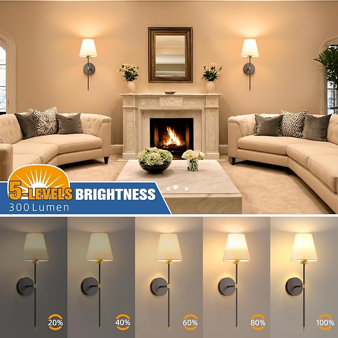NIORSUN Battery Operated Wall Sconce Set of 2,Gold-Black Rechargeable Wall Lights with 5200mAh Dimmable Bulbs and Remote,9 Colors Wireless Wall Lamps for Bedroom Living Room Hallway Decor