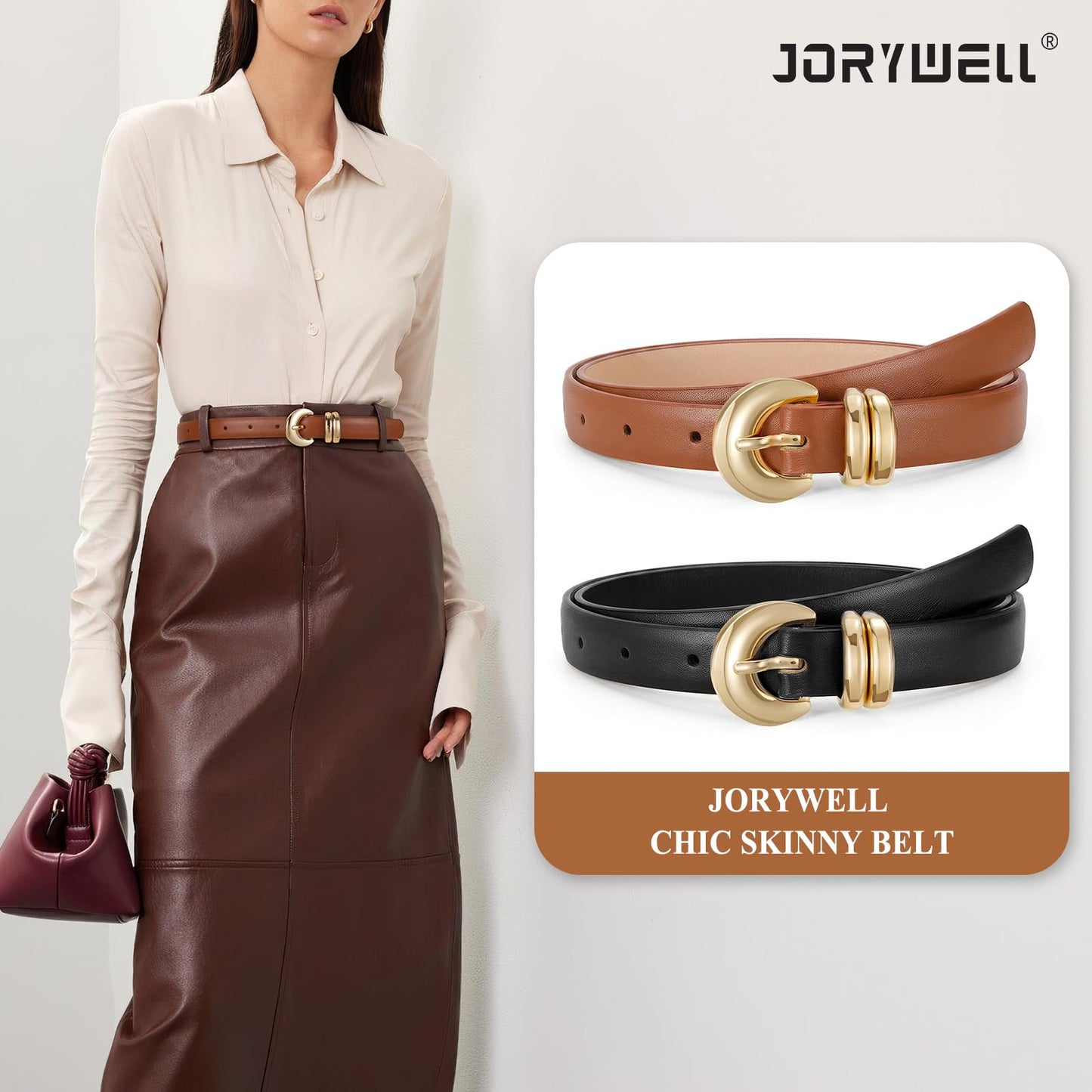 Jorywell 2 Pack Women Skinny Leather Belts for Jeans Dress Thin Waist Belt for Ladies with Gold Buckle 0.8’’ Width