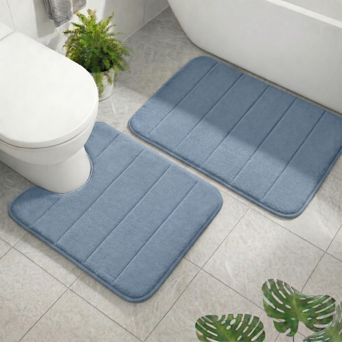 AINAHYVA 2 Piece Memory Foam Bath Mat Set, Extra Soft Absorbent Bathroom Rugs with U-Shaped Toilet Rug, Non-Slip Backing, Machine Washable, 24x16 + 20x20 U-Shaped, Dusty Blue