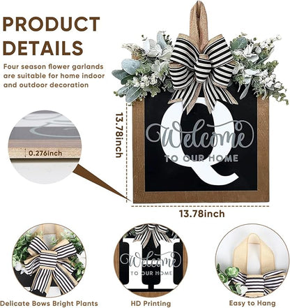 Ultra Large 14'' Last Name All Year Round Front Door Wreath with 26 Initial Letter Welcome Sign All Seasons Eucalyptus Garland and Bow Wreaths for Front Door Porch Farmhouse Decoration (Q)
