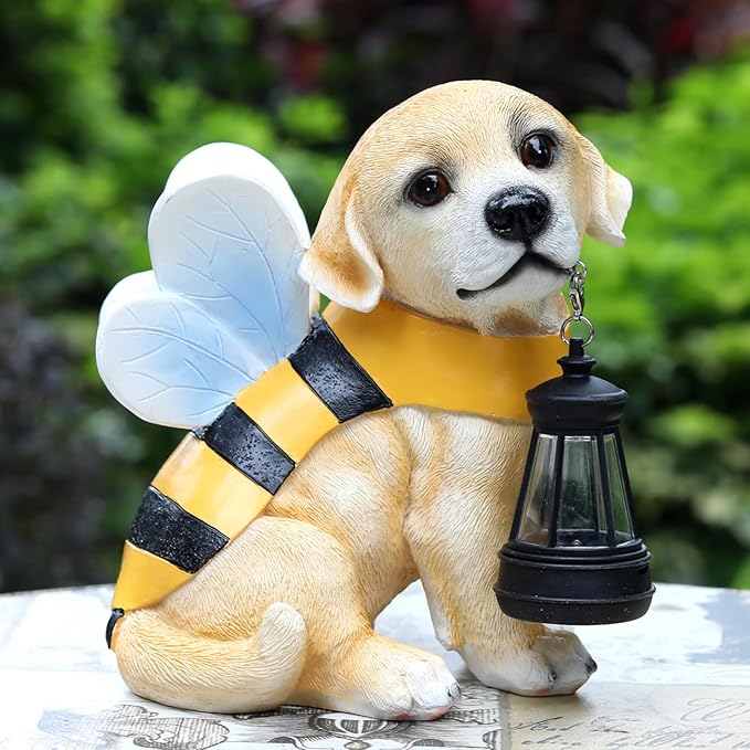 Solar Dog Statues Outdoor Decor, Solar Powered LED Lights Honeybee Puppy Figurines Garden Decorations for Patio Yard Lawn Ornaments Gifts for Dad, Mom or Birthdays
