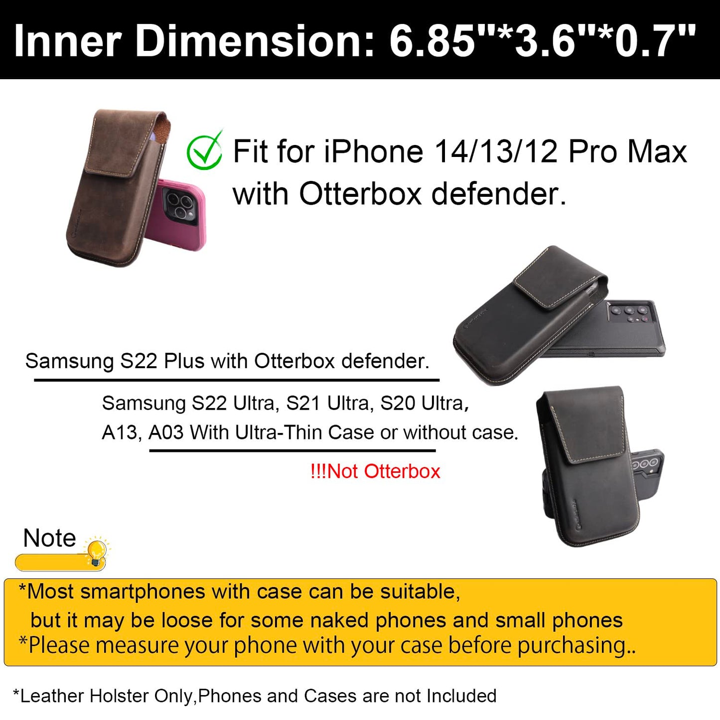 Gentlestache Leather Phone Holster for S25 S24 Ultra & Plus - Phone Holster Belt Case for iPhone 17 16 15 14 Pro Max & Plus - Magnetic Closure Belt Clip Leather Holder Pouch, XL, Black