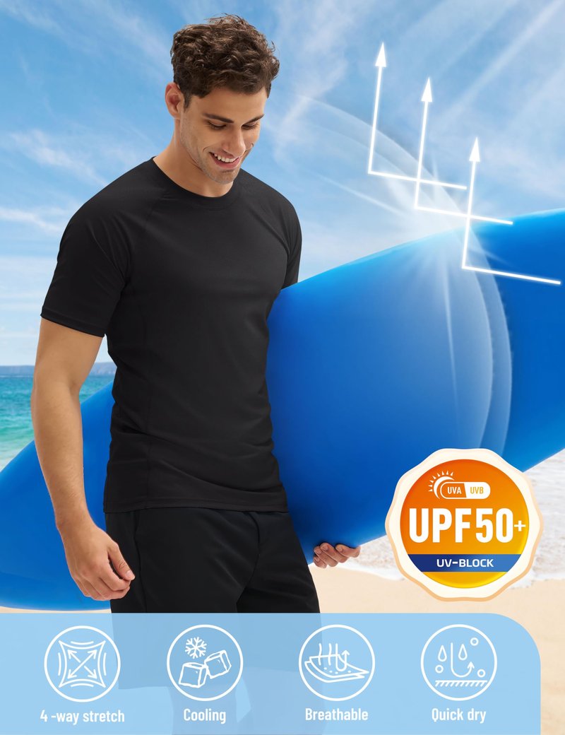 MAGCOMSEN Men's Swim Shirts Short Sleeve Rash Guard UPF 50+ Sun Protection Quick Dry Water Shirt Black L