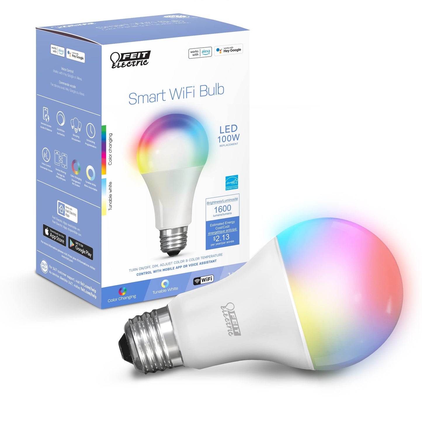 Feit Electric Smart Light Bulbs with RGB Color Changing and Tunable White, 2.4Ghz WiFi Light Bulbs, No Hub Needed, Works with Alexa and Google, Dimmable 60 Watt = LED 9W, OM60/RGBW/CA/AG/3, 3 Pack