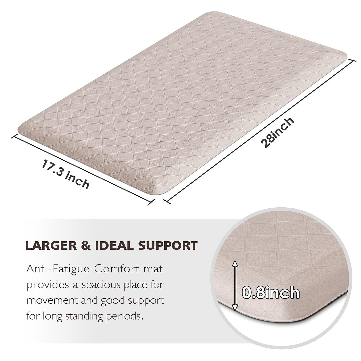 HappyTrends Kitchen Runner Rugs Anti-Fatigue mats - 4/5 Inch Thick Non Slip Waterproof Ergonomic Comfort Mat for Kitchen, Floor Home, Office, Sink, Laundry (17.3"x 28",Khaki)