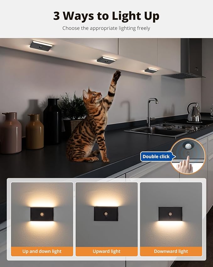 wowatt 6 Packs Rechargeable Motion Sensor Stair Light Black (Magnetic Mounting Design)(Sensor Modes Available)(Lighting Dimmable) Battery Night Lights for Stairway, Hallway, Bathroom