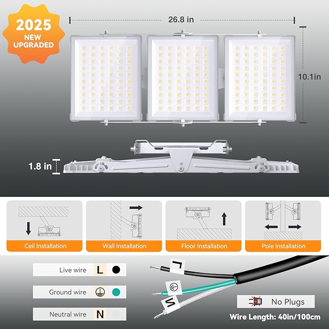 600W 2 Pack 2025 Plus New Upgraded LED Flood Light Outdoor, 60000LM Super Bright Stadium Lights, 6000K Daylight White, IP66 Waterproof, 3 Heads Adjustable Floodlights for Yard, Arena, Street