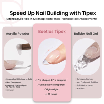 Beetles Tipex Instant Apex Nail Tips Kit, Coffin Long 224Pcs 16 Sizes Pre-Building & Pre-Etched Thicker Acrylic Nails False Nail Extension with Tipex Nail Glue Mini Nail Lamp