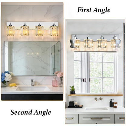 LKHF Brushed Chrome Crystal Bathroom Vanity Light, 4-Light Modern Bathroom Lighting Fixtures Over Mirror,Chrome Wall Sconce Light Fixtures with Square Shade