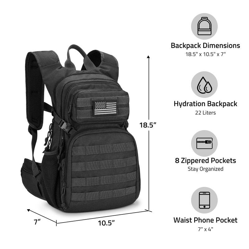 CVLIFE Hydration Backpack with 3L TPU Water Bladder, 22L Tactical Hiking Backpack for Men Women, Heavy Duty Molle Water Backpack with Multiple Compartments for Cycling Running Hunting Camping (Black)