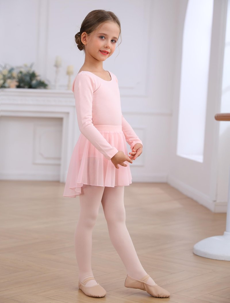 Mecceos Ballet Leotards with Skirt Tights Combo for Toddler Girls Dance Long Sleeve Leotard Ballerina Dresses Outfits (Ballet Pink, 8-10 Years, MEAM-322)