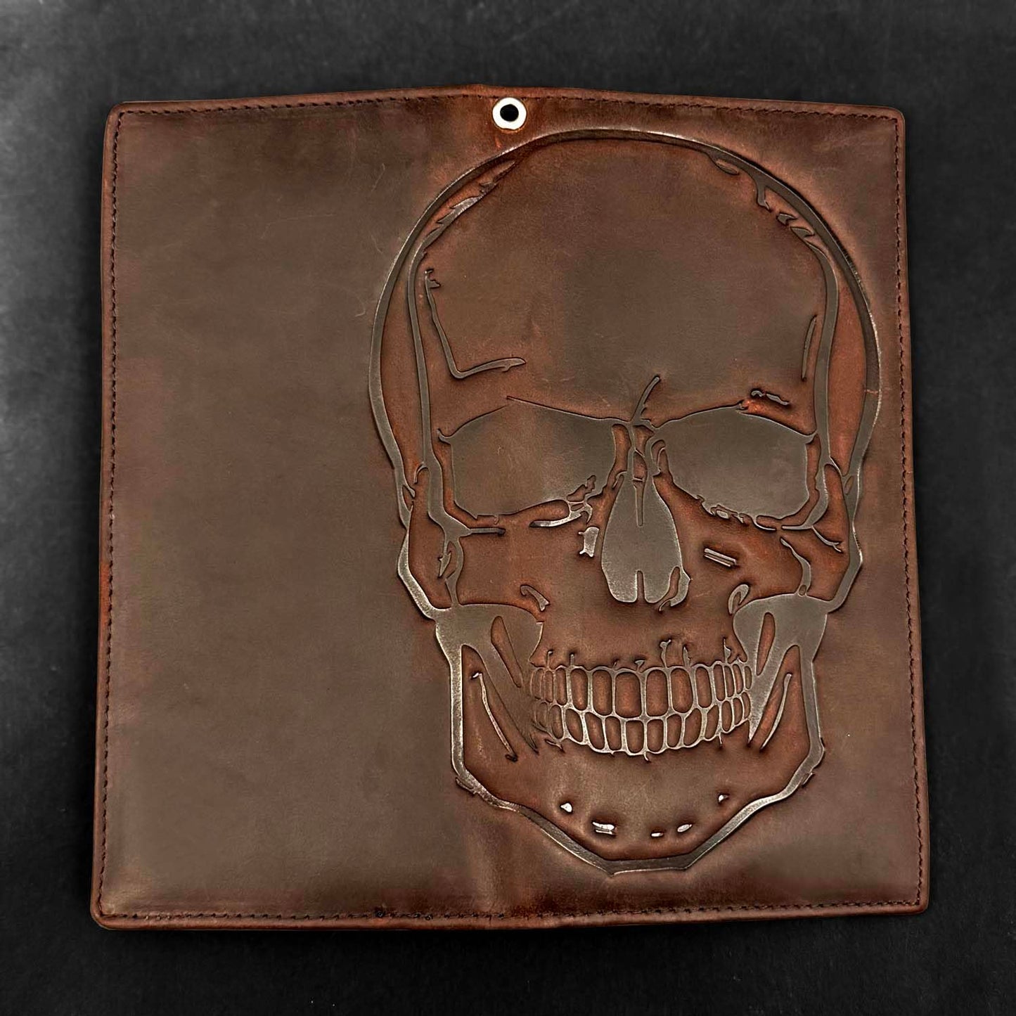 Paomadeng Skull Long Bifold Wallet for Men Full Grain Cowhide Genuine Leather Biker Wallet with Chain, RFID-Blocking, Brown