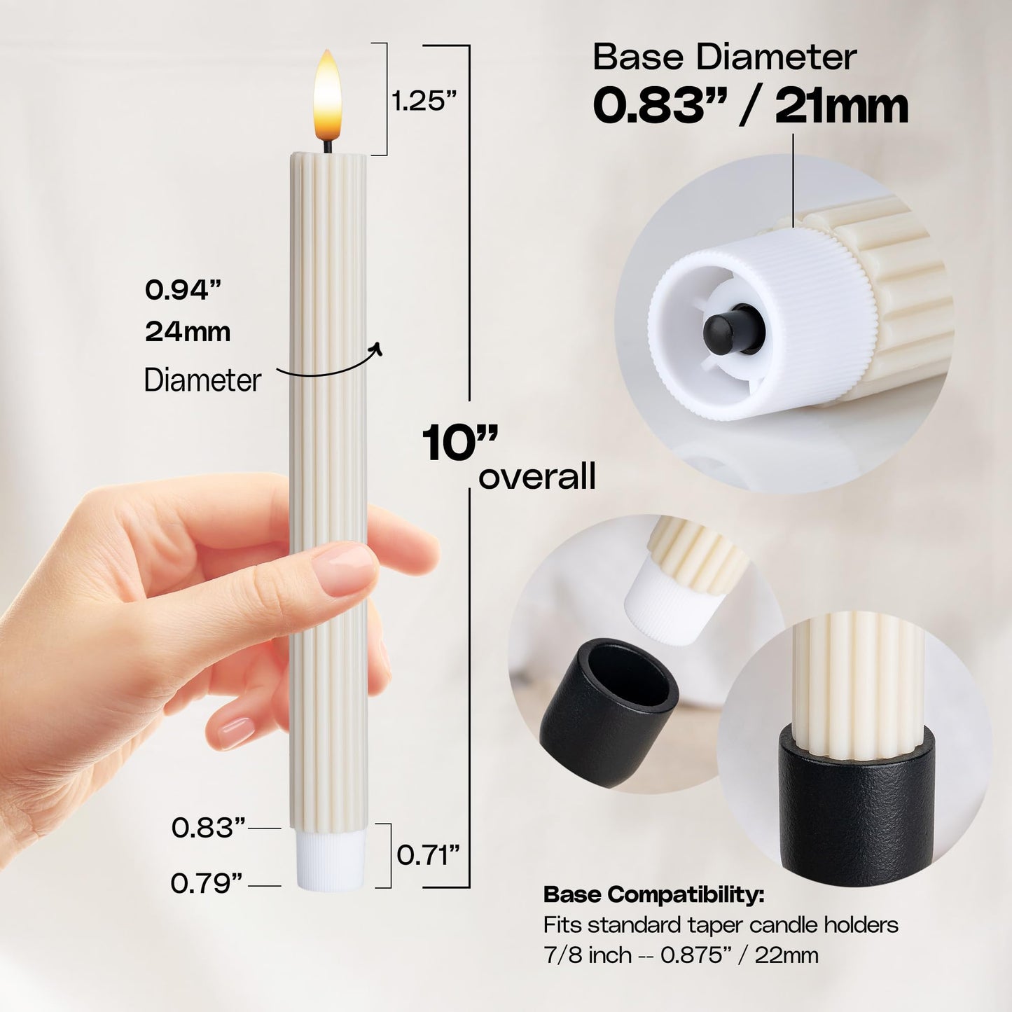 West Ivory 12 Pack, 10" LED Flameless Real Wax Cream Beige Fluted Ribbed Grooved Taper Candles, Remote & 24h Timer Memory, On/Off Button, Dimmable, Flicker Mode, Battery Operated, Wedding