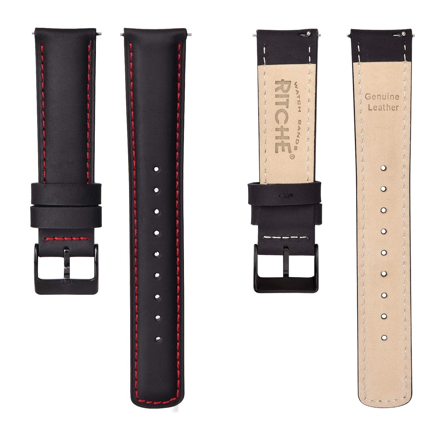 Ritche 18mm Leather Watch Band Quick Release Watch Bands for Men Women Compatible with Timex Expedition Fossil Seiko Black Watch Strap Blue Stitching, White Elephant Gifts, Stocking Stuffers for Men, Father's Day gifts