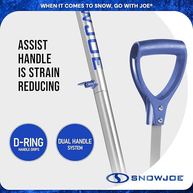 Snow Joe Snow Shovel, Shovelution Strain-Reducing Ice Remover w/ Assist Handle, 18", Blue - Heavy-Duty Blade Tool for Digging and Removing Ice from Driveway, Patio, and Yard, SJ-SHLV02