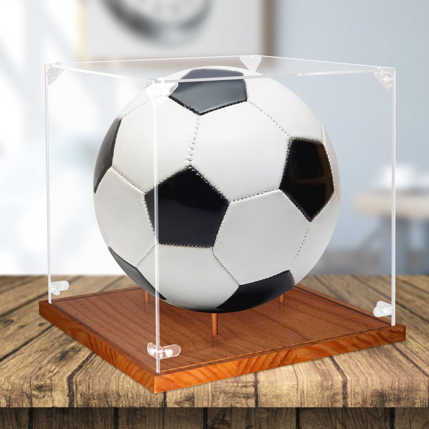Clear Acrylic Soccer Ball Display Case with Wood Base & Tee, Memorabilia Stand Cube Holder, Dust Protection Transparent Storage Box for Single Ball Souvenir Soccer Ball Collections