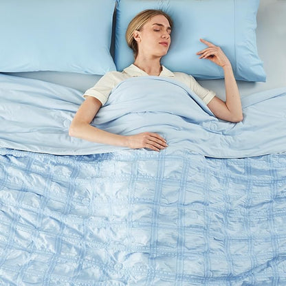Cozy Bliss Cooling Comforter King Size Seersucker Plaid, Q-Max 0.4 Reversible Lightweight Cooling Blanket, Breathable Silk Smooth Summer Bedding Quilt for Hot Sleepers Night Sweats Blue