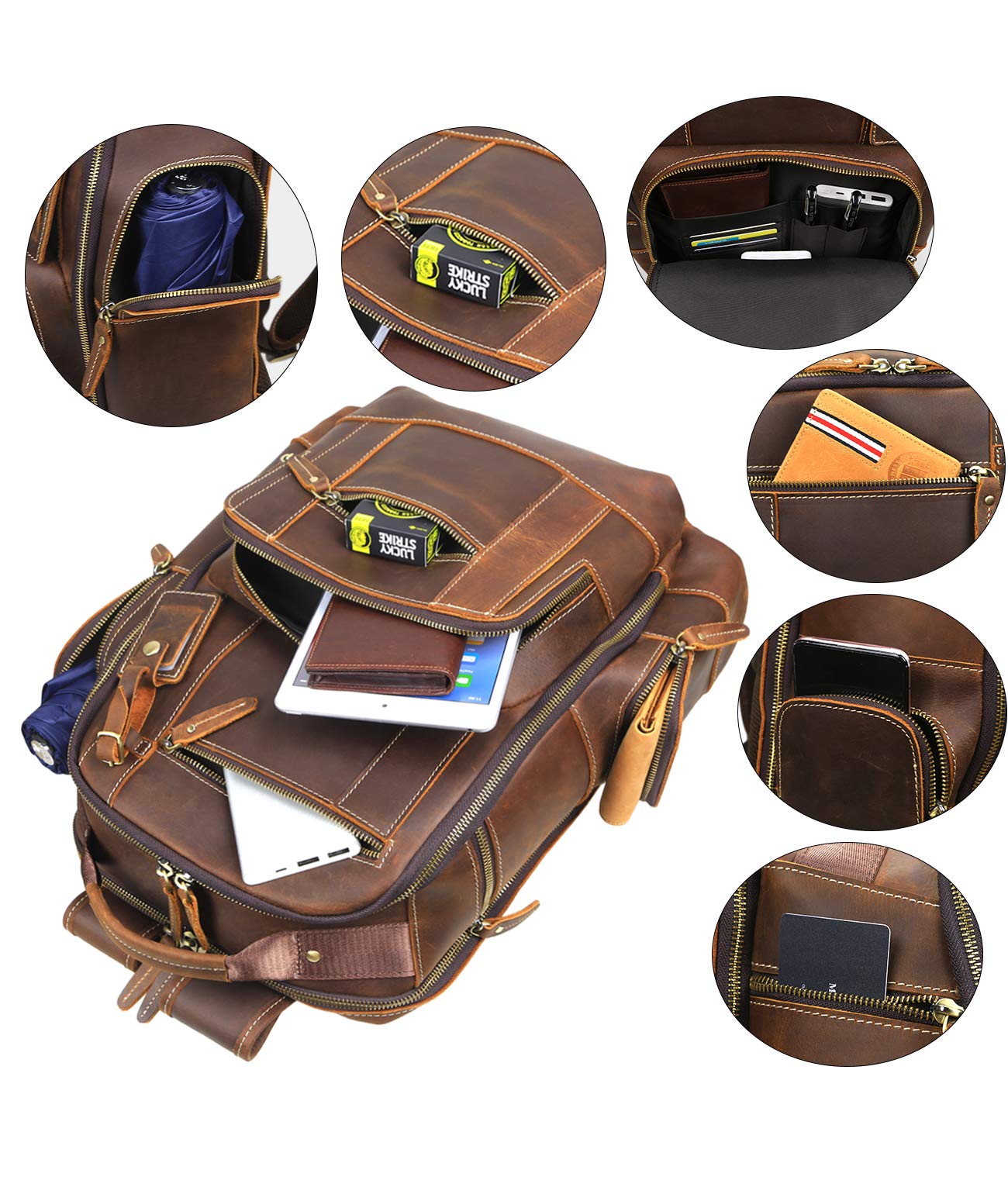 LANNSYNE Men's Vintage Full Grain Leather 15.6 Inch Laptop Backpack Camping Travel 24L Rucksack