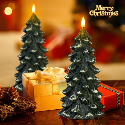 Christmas Tree Shaped Flickering Flameless Candles, Green Real Wax Battery Operated LED Candles with Timer for Christmas Home Party Decoration Christmas Gift Set of 2