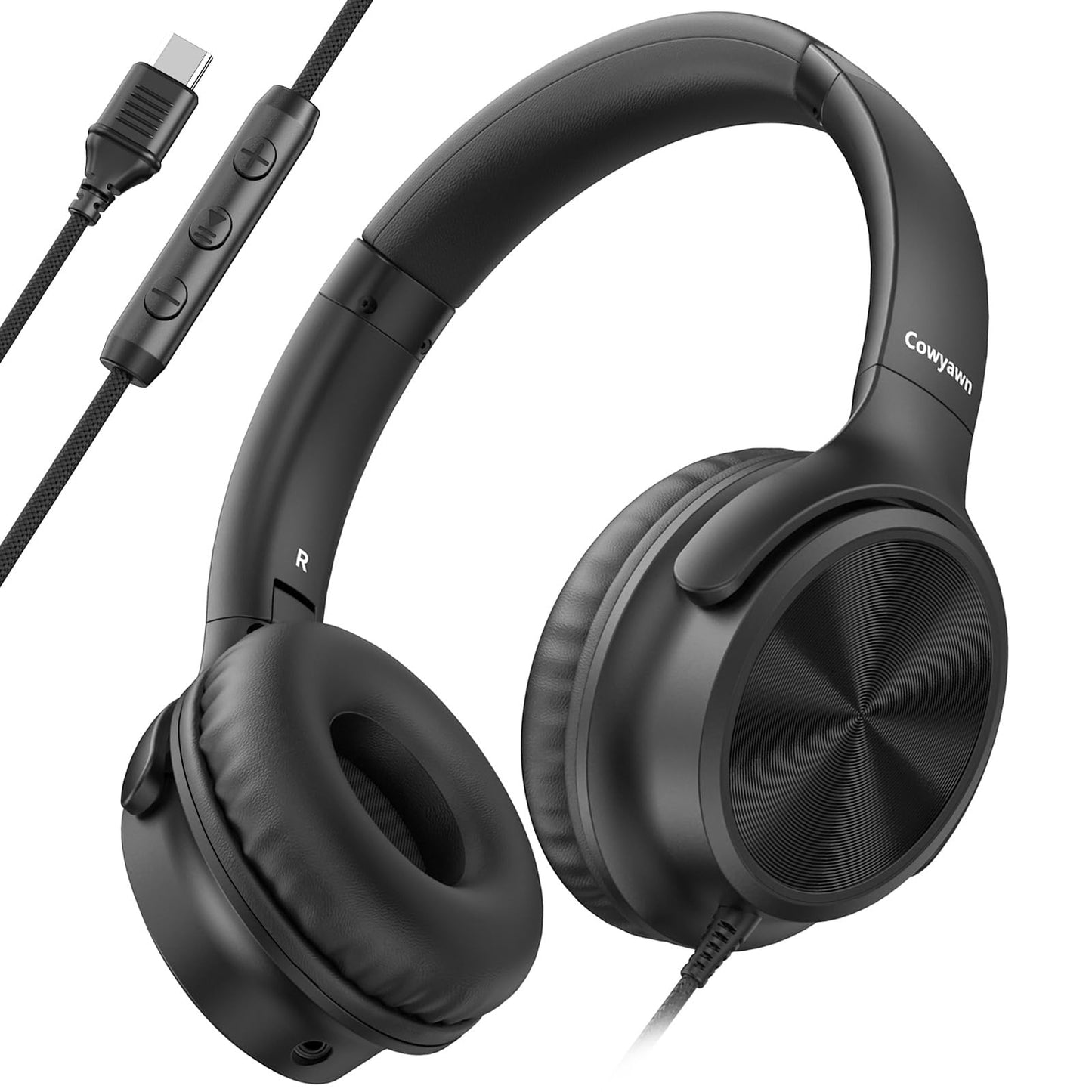 Cowyawn USB C Headphones Wired, Over Ear USB C Wired Headphones with Microphone, Volume Control, HD Stereo Sound, Foldable USB Type C Headphone for Adult/Teens/Laptop/Computer/iPhone 15/16/17, Black