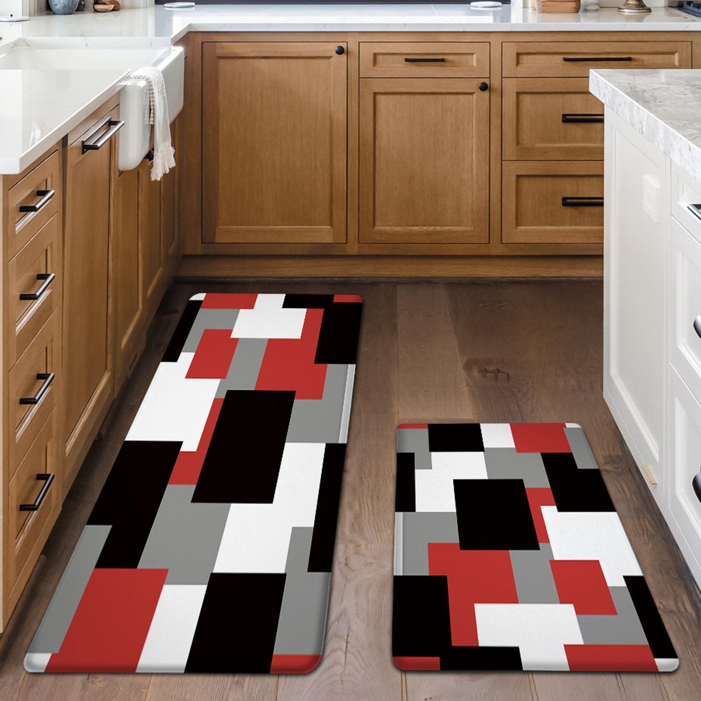 Tyrot Red Black Kitchen Rugs Set of 2 Cushioned Anti Fatigue Kitchen Mats for Floor Non-Slip Waterproof Kitchen Floor Mats Geometric Ergonomic Cushioned Comfort Standing Mat for Laundry, Office, Sink