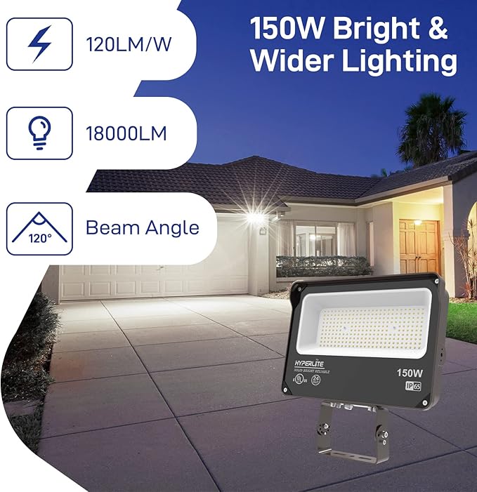 HYPERLITE LED Flood Light 150W 2 Pack 18000LM 5000K Daylight IP65 Waterproof Outdoor Floodlights UL Certified for Court,Garden,Warehouse