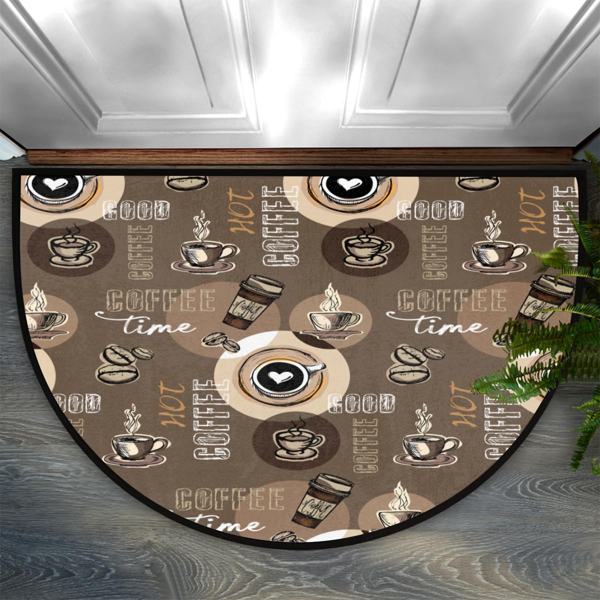Aglebo Half Round Door Mat Coffee Theme Non-Slip Absorbent Welcome Doormats Washable Half Circle Area Rug for Home Indoor Entrance High Traffic Areas, 24" x 36"