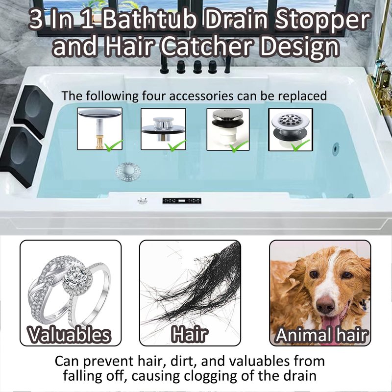 AzWzz Universal Tub Stopper Bathtub Drain Plug, Pop Up Tub Drain Hair Catcher, Drain Cover with Strainer, for 1-3/8 to 2in Bath Drain Hole