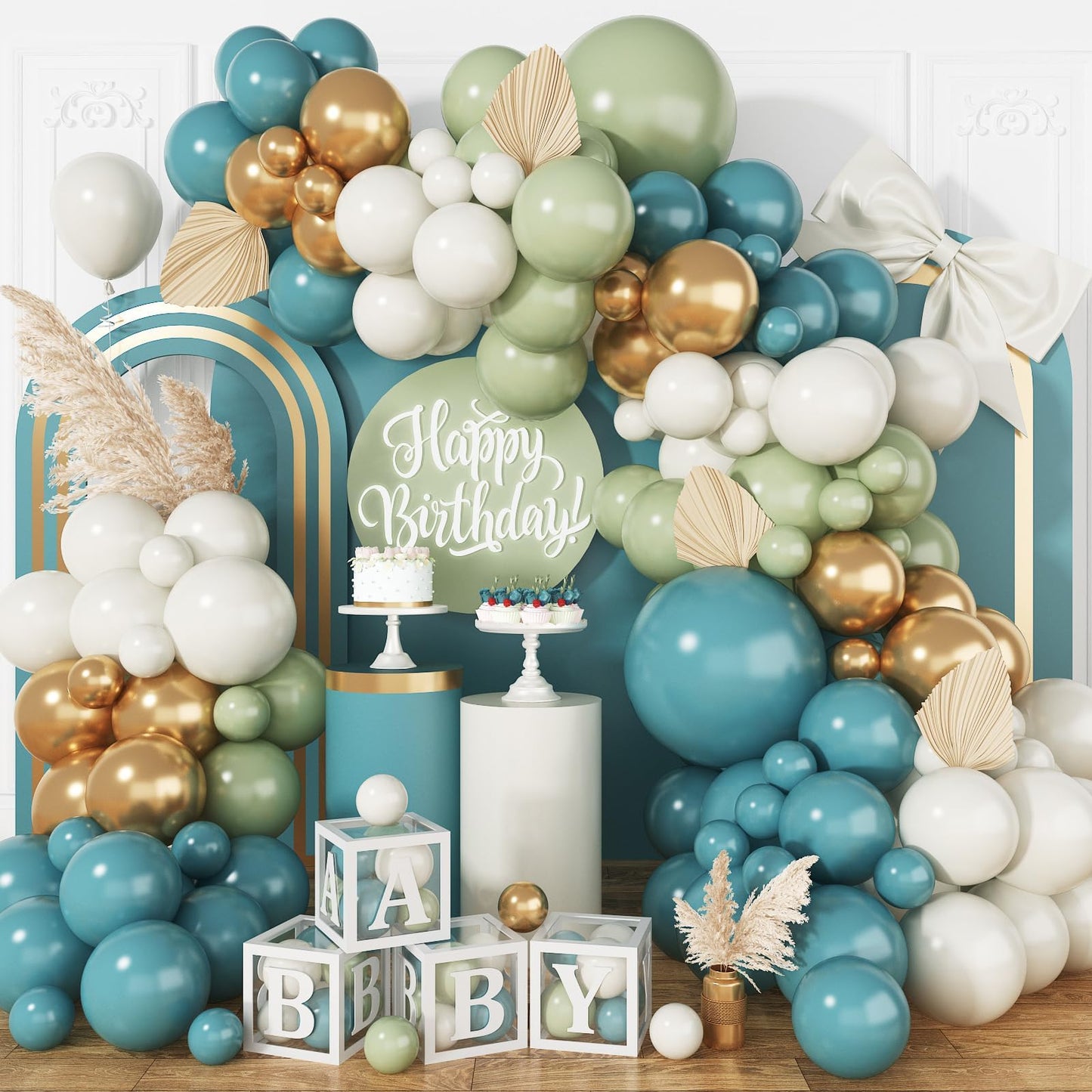 Blue and Green Balloon Arch Kit, 108 Pcs Dusty Balloon Garland With Retro Sea Sage Sand White Metallic Gold Balloons for Boho Wedding Baby Shower Birthday Party Decorations