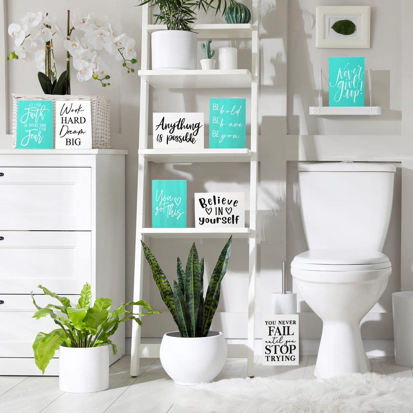 Yulejo 9 Pieces Mini Inspirational Desk Decor Motivational Quotes Wooden Signs Positive Office Desk Decor Bathroom Shelf Decoration Cheer up Gifts for Women Office, 3.5 x 2.5 Inch (White, Green)