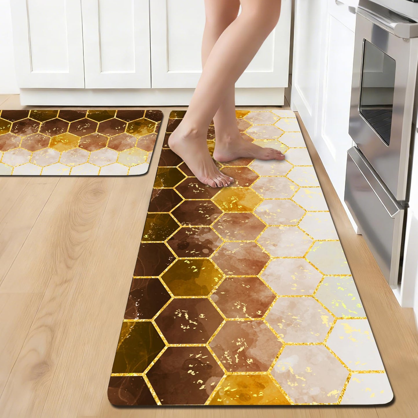 BSSN 3-Piece Kitchen Rugs and Mats Set,Cushioned No-Slip Resistant Kitchen Mats for Floor,Luxury Gold Hexagon Geometric Comfort Floor Mats,Washable Runner Rug for Kitchen Sink,Laundry,Office