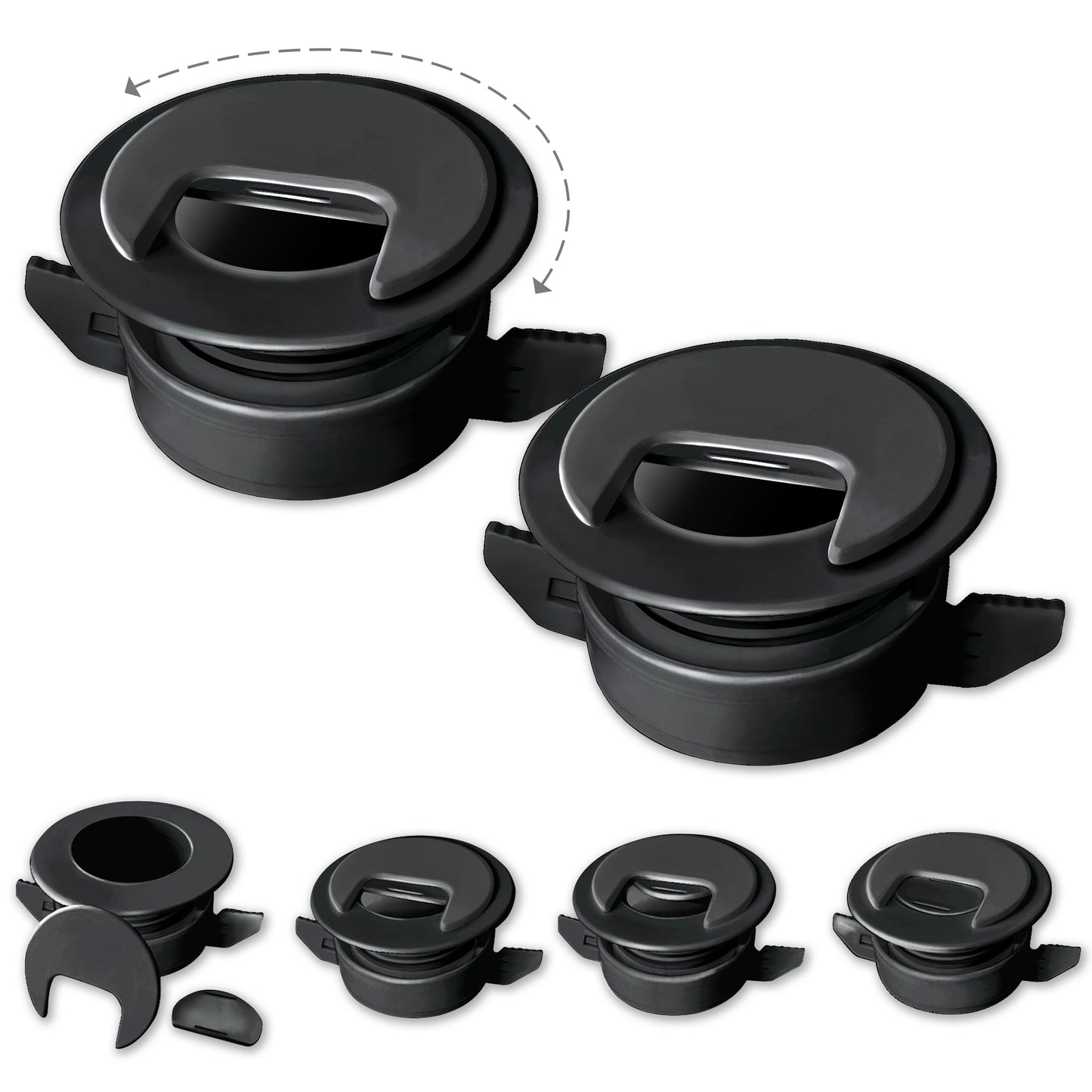 2PK Black Patented: Only Cable, Wire, Cord Management, Tool-Free Self-Securing/Locking Grommet with Cap Slider, for Walls, Ceilings, Desks - Used for All Surfaces 3/8" to 1" Thick, Made in USA
