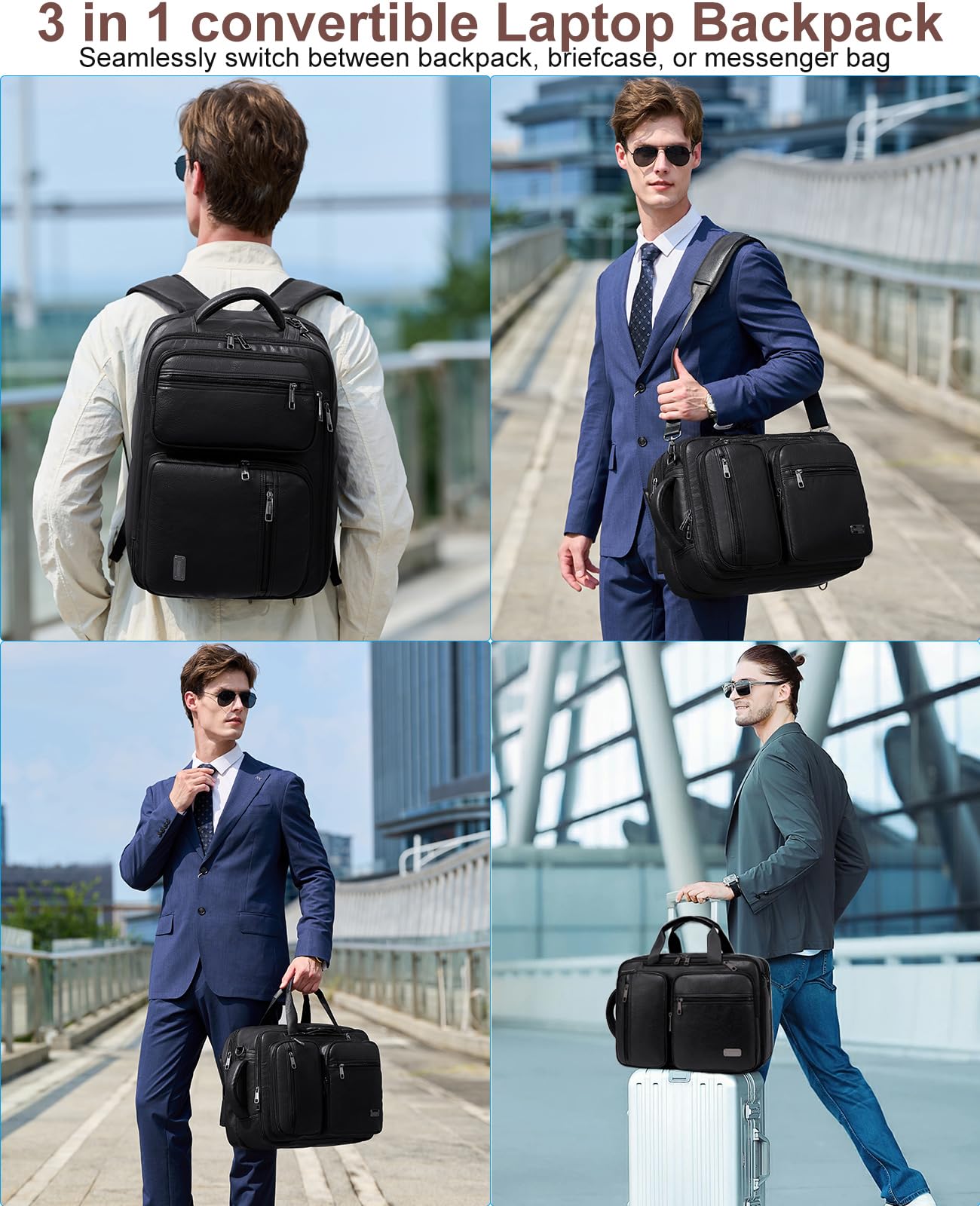weiatas 3-in-1 Vegan Leather Convertible Laptop Bag for Men Women, 15.6 Inch Waterproof Expandable Backpack, Computer Briefcase, Shoulder Messenger Bag & Weekend Bag for Business Travel Work (Black)